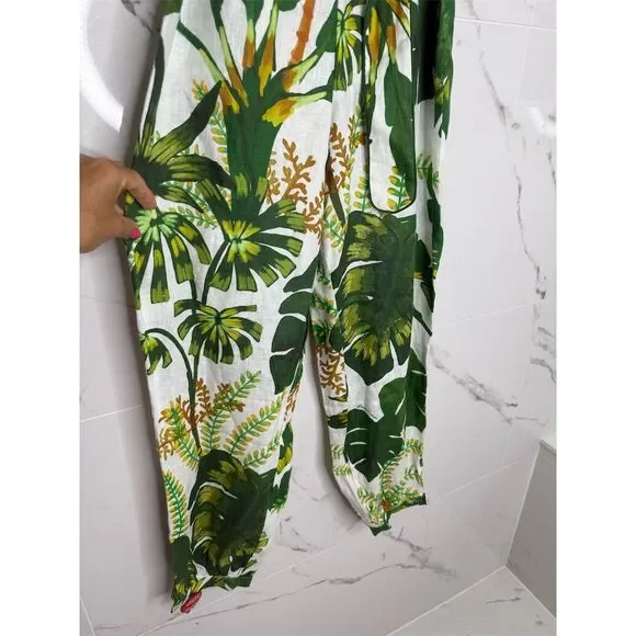 Farm Rio XXS Green white Tropical Leaf Print Jumpsuit Linen Resort Anthropologie - Picture 2 of 16